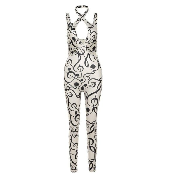 Musical Print Jumpsuit Women Halter Backless Overall One Piece Romper Cheap