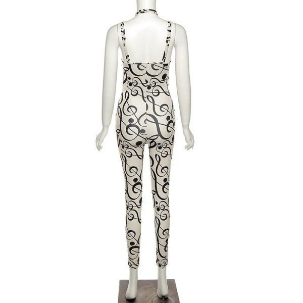 Musical Print Jumpsuit Women Halter Backless Overall One Piece Romper Cheap - Image 4