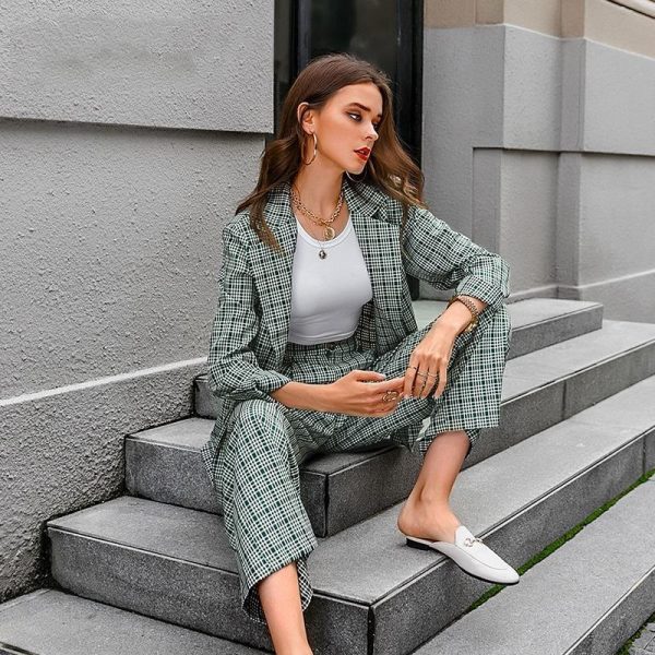 Elegant Plaid Two-pieces Women Blazer Suit Casual Female Blazer Set Cheap - Image 5