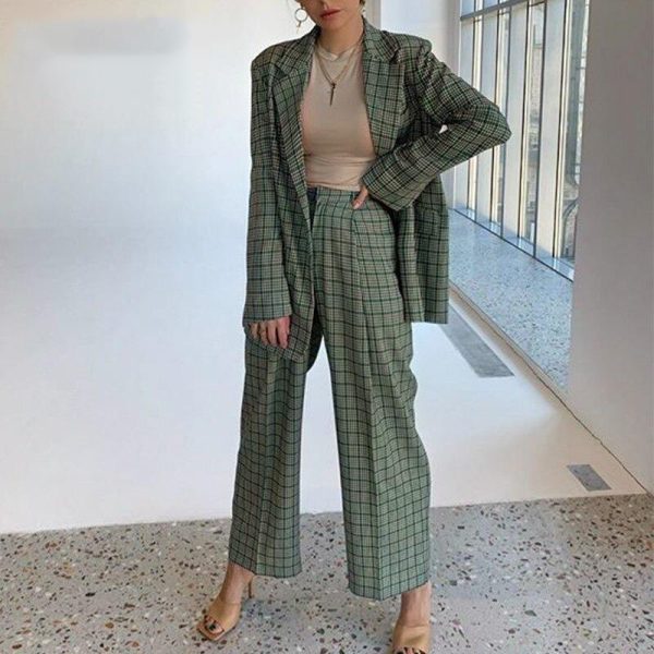 Elegant Plaid Two-pieces Women Blazer Suit Casual Female Blazer Set Cheap
