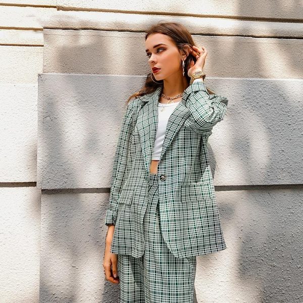 Elegant Plaid Two-pieces Women Blazer Suit Casual Female Blazer Set Cheap - Image 3