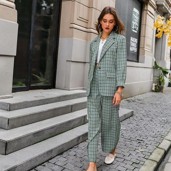 Elegant Plaid Two-pieces Women Blazer Suit Casual Female Blazer Set Cheap - Image 4