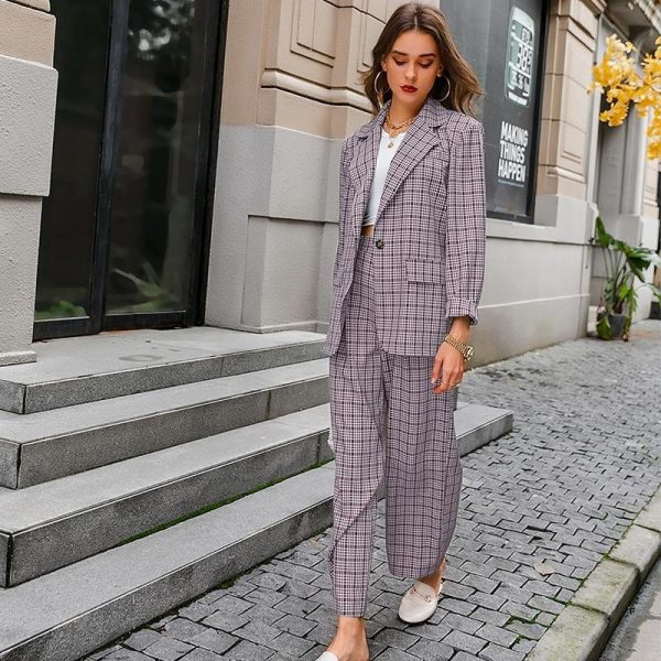 Elegant Plaid Two-piece Women Blazer Suit Casual Suit Blazer Set Chic Online now